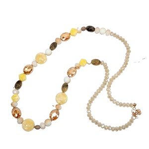 Long multi color glass bead necklace with beige yellow brown color tones New